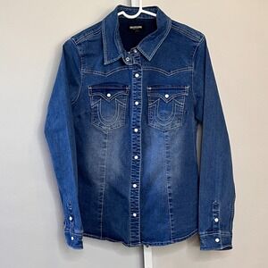 True Religion Western Denim Shirt Womens L Blue Pearl Snaps Stitching Faded Wash